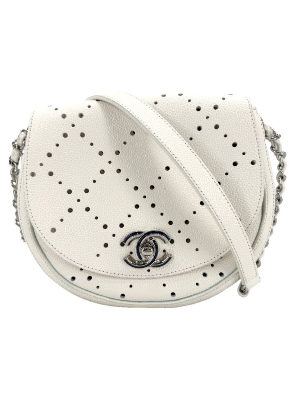 Chanel Shoulder Bag Perforated Pochette CC Logo Crossbody Leather White Silver